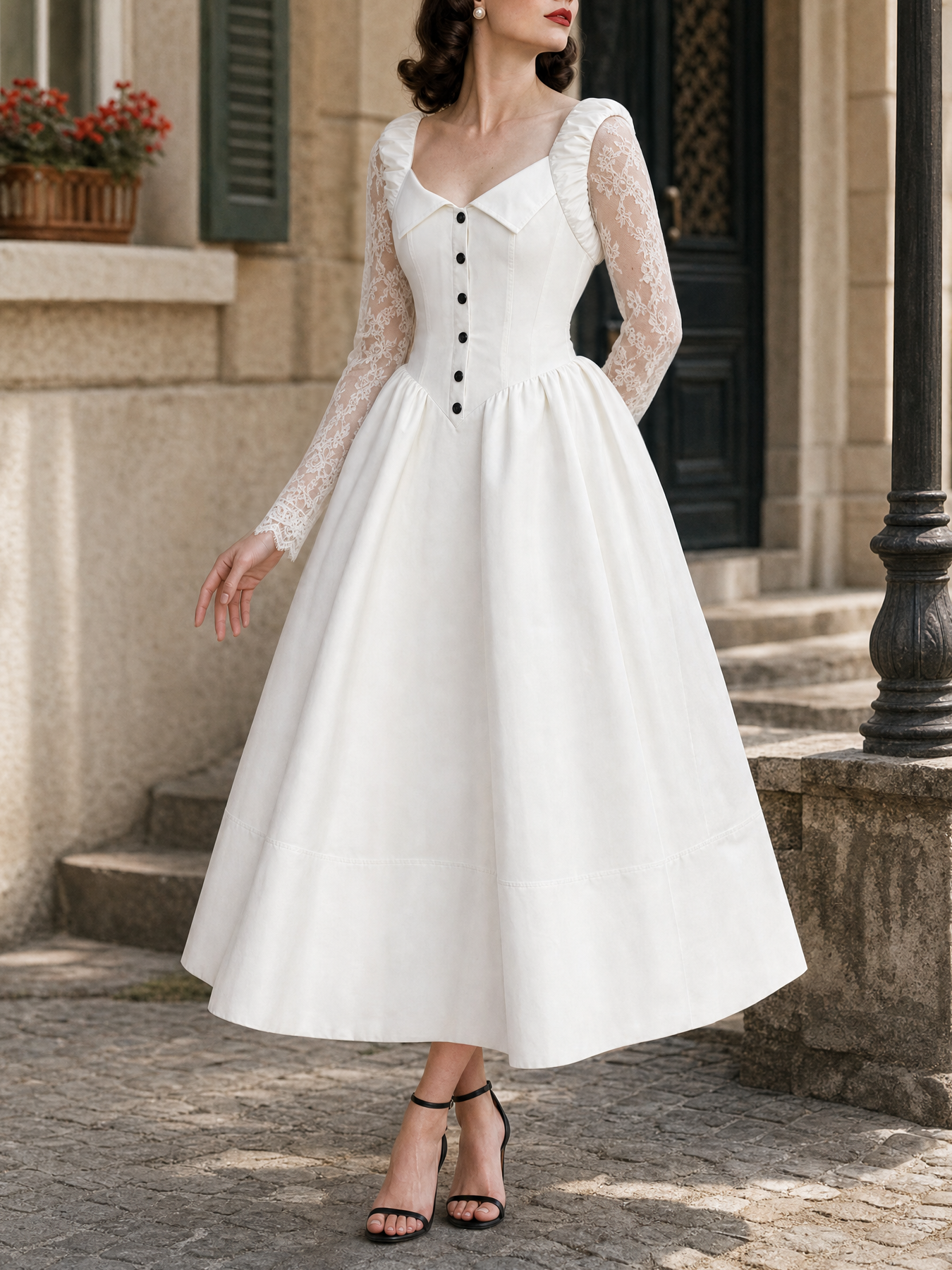 Vintage Waist-cinched Lace Spliced Maxi Dress