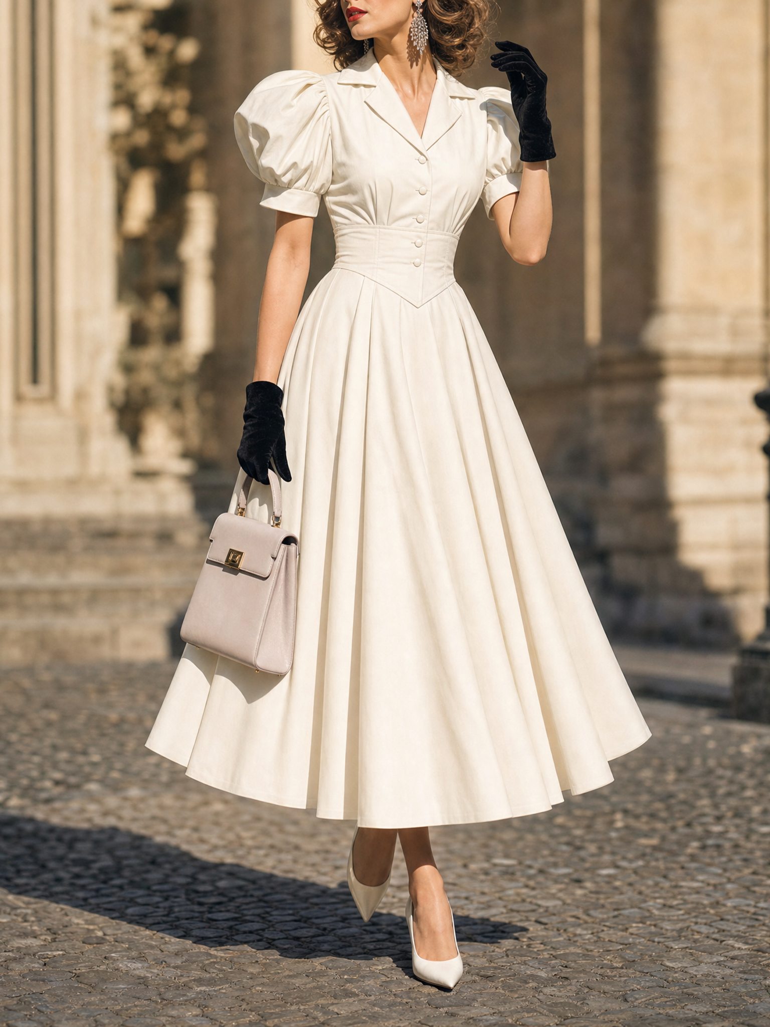 Vintage Lapel Puff Sleeve Corset Waist Flared Midi Dress