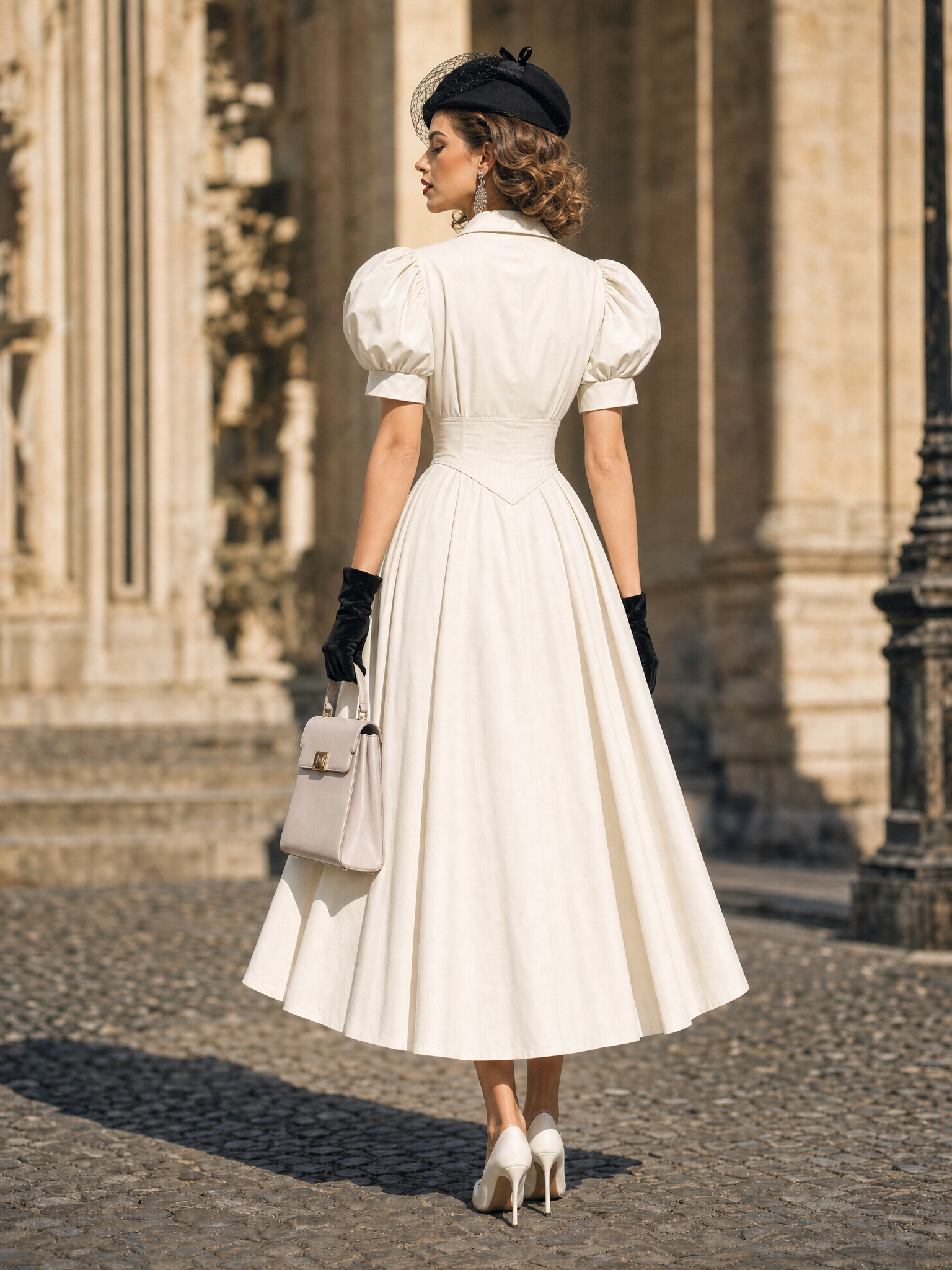 Vintage Lapel Puff Sleeve Corset Waist Flared Midi Dress