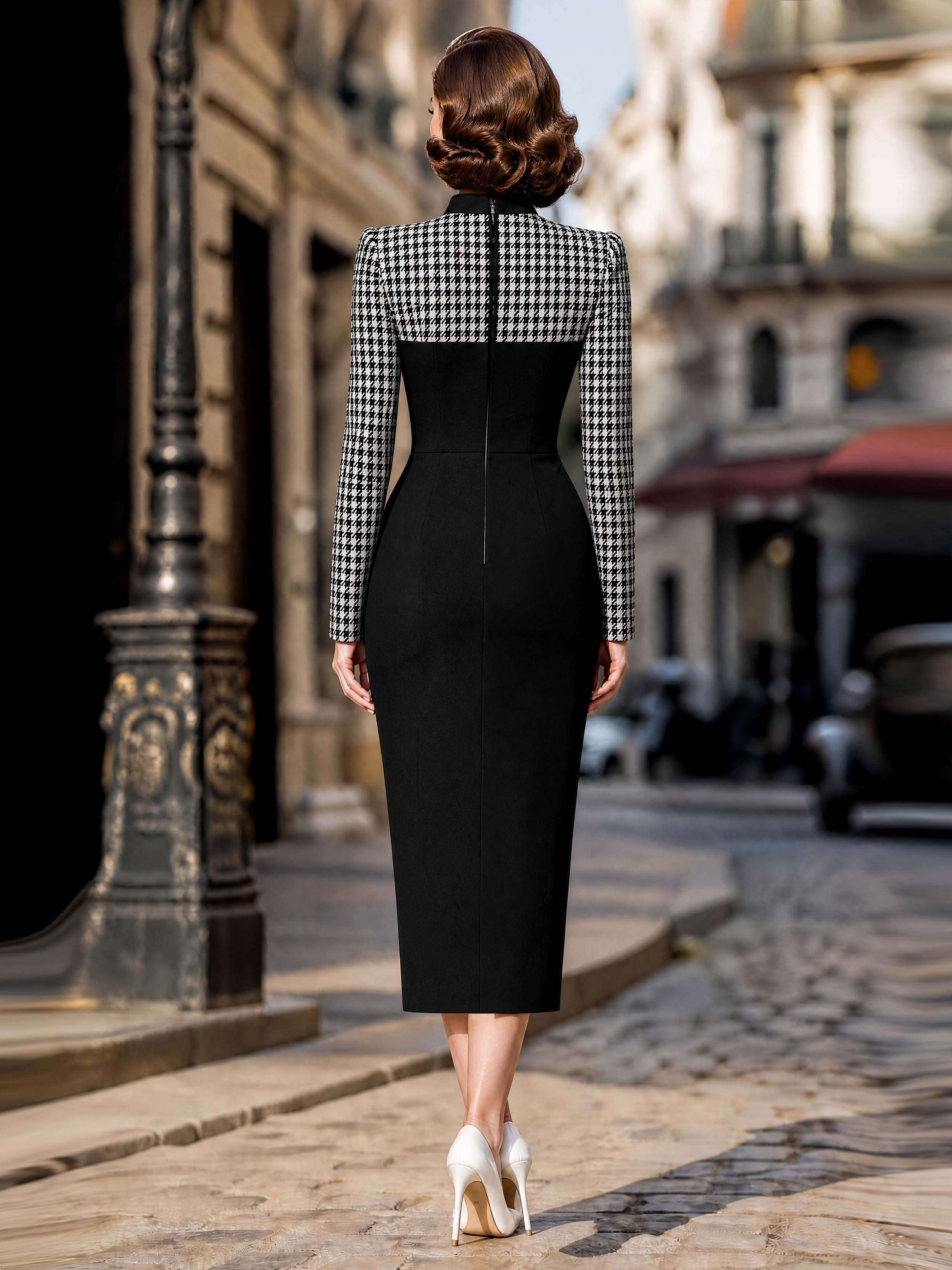 Vintage Patchwork Houndstooth Bodycon Midi Dress
