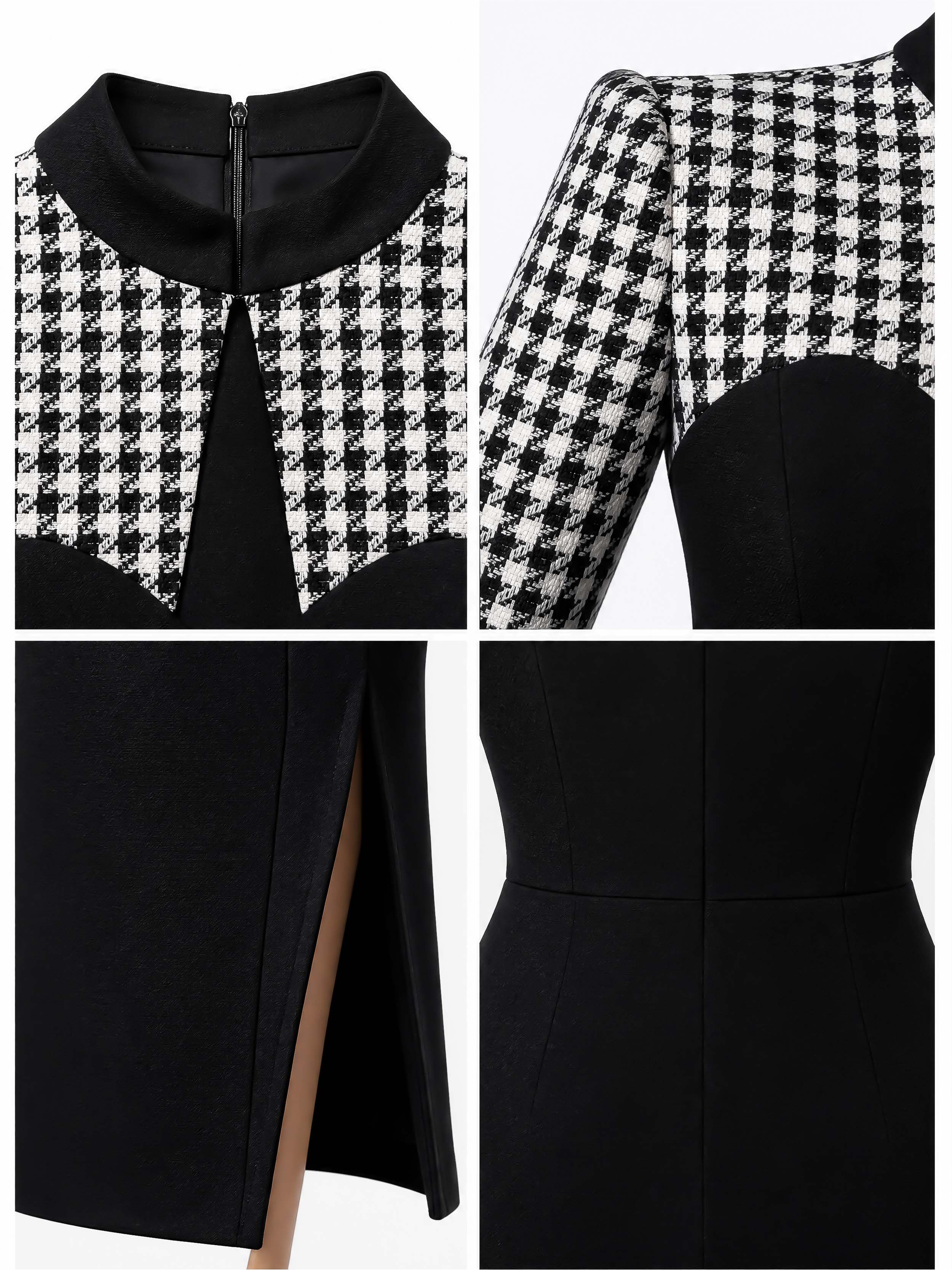 Vintage Patchwork Houndstooth Bodycon Midi Dress
