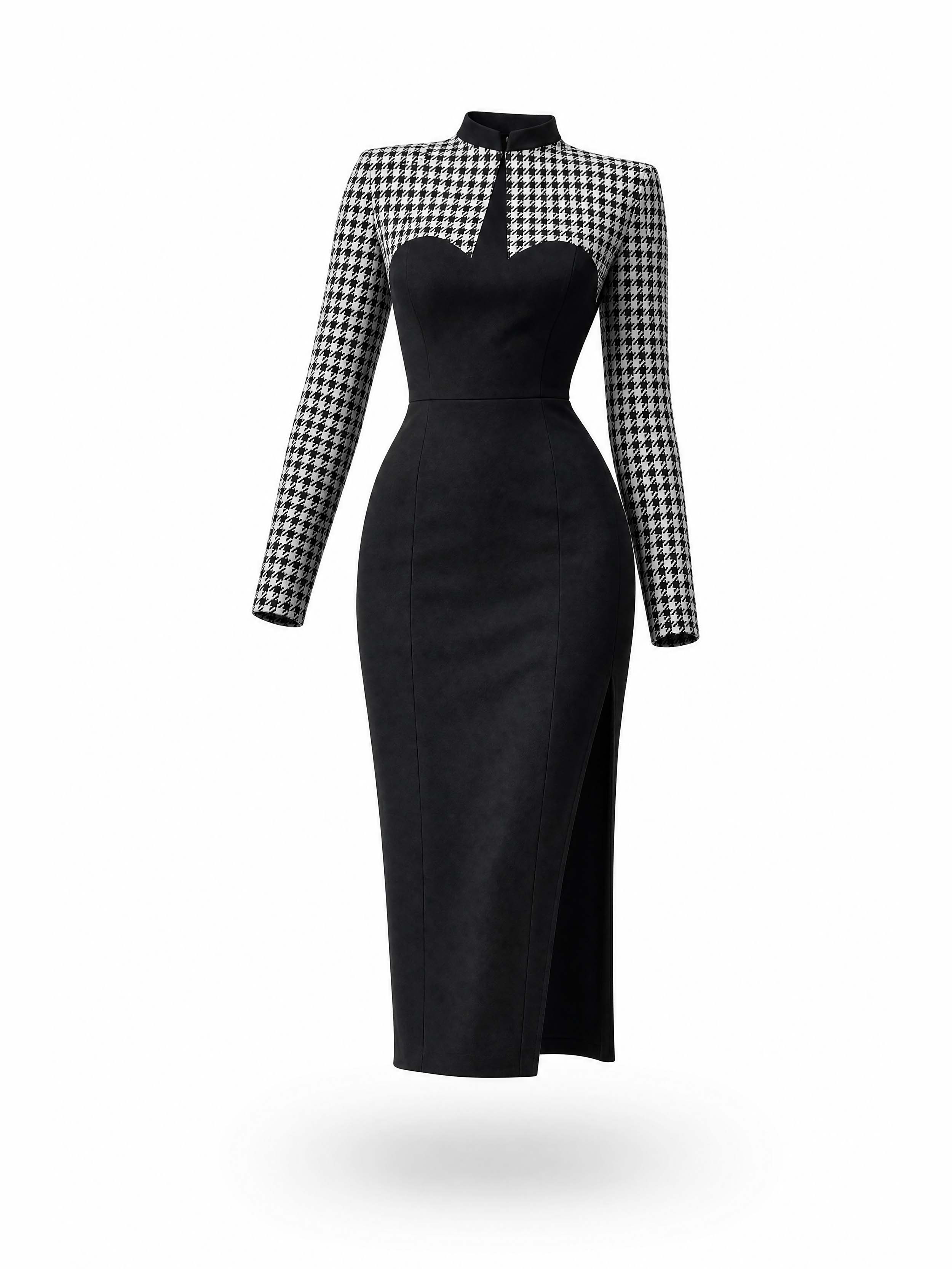 Vintage Patchwork Houndstooth Bodycon Midi Dress