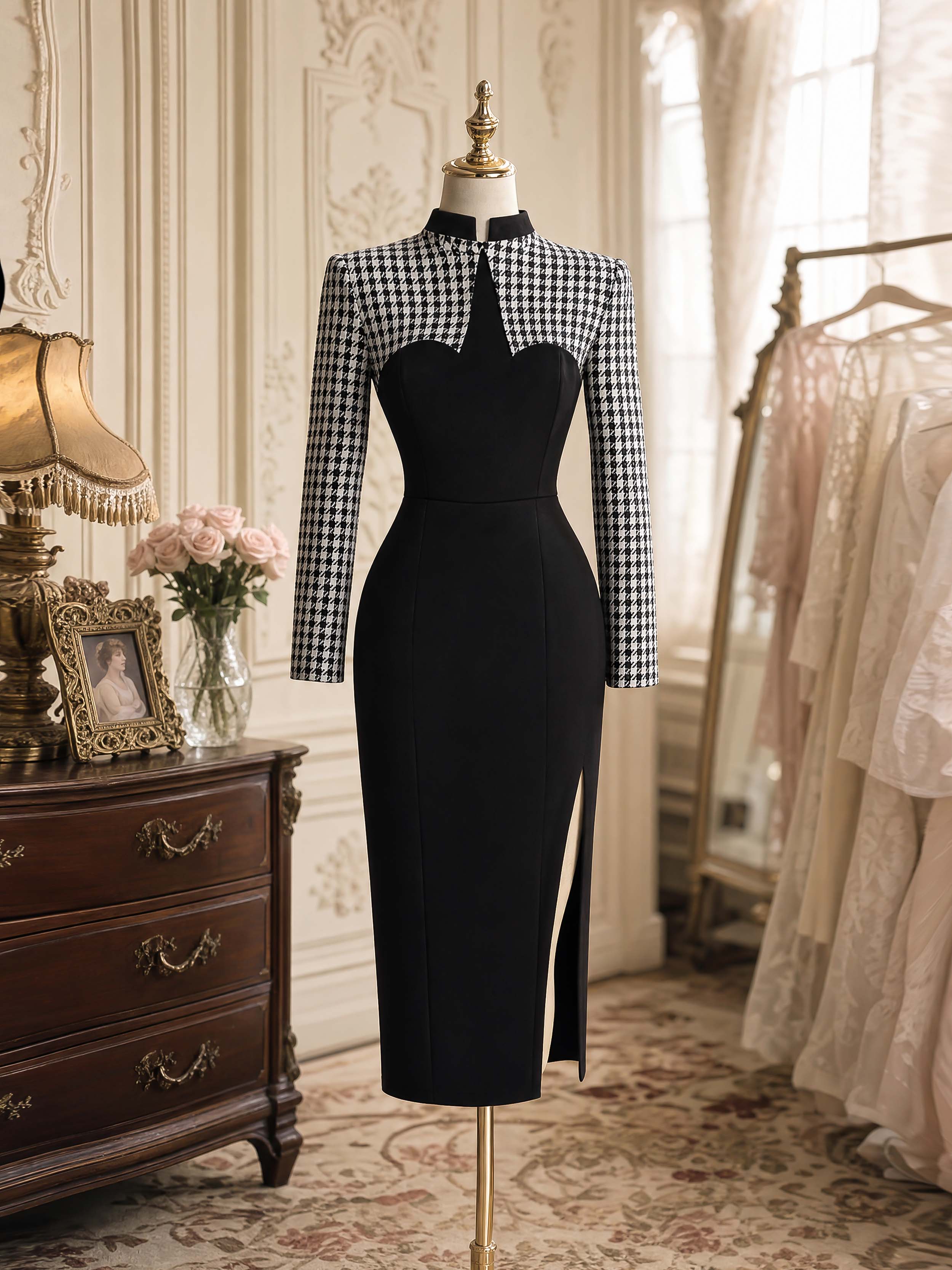 Vintage Patchwork Houndstooth Bodycon Midi Dress