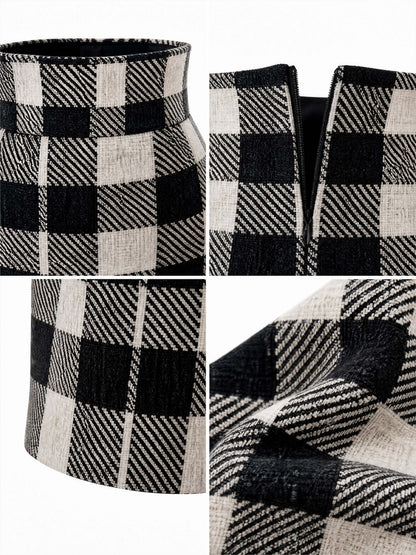 Vintage Check High Waist Pencil Midi Skirt