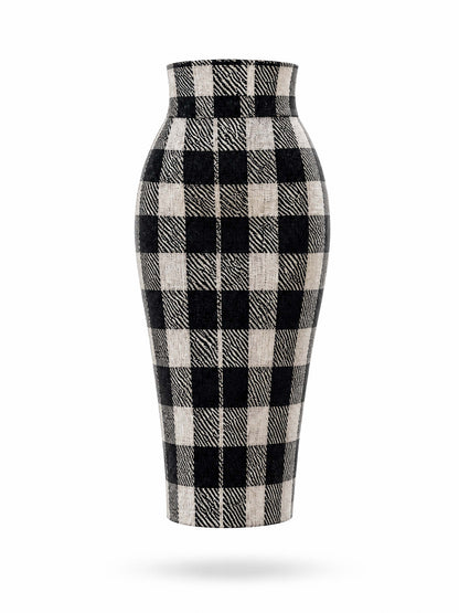 Vintage Check High Waist Pencil Midi Skirt
