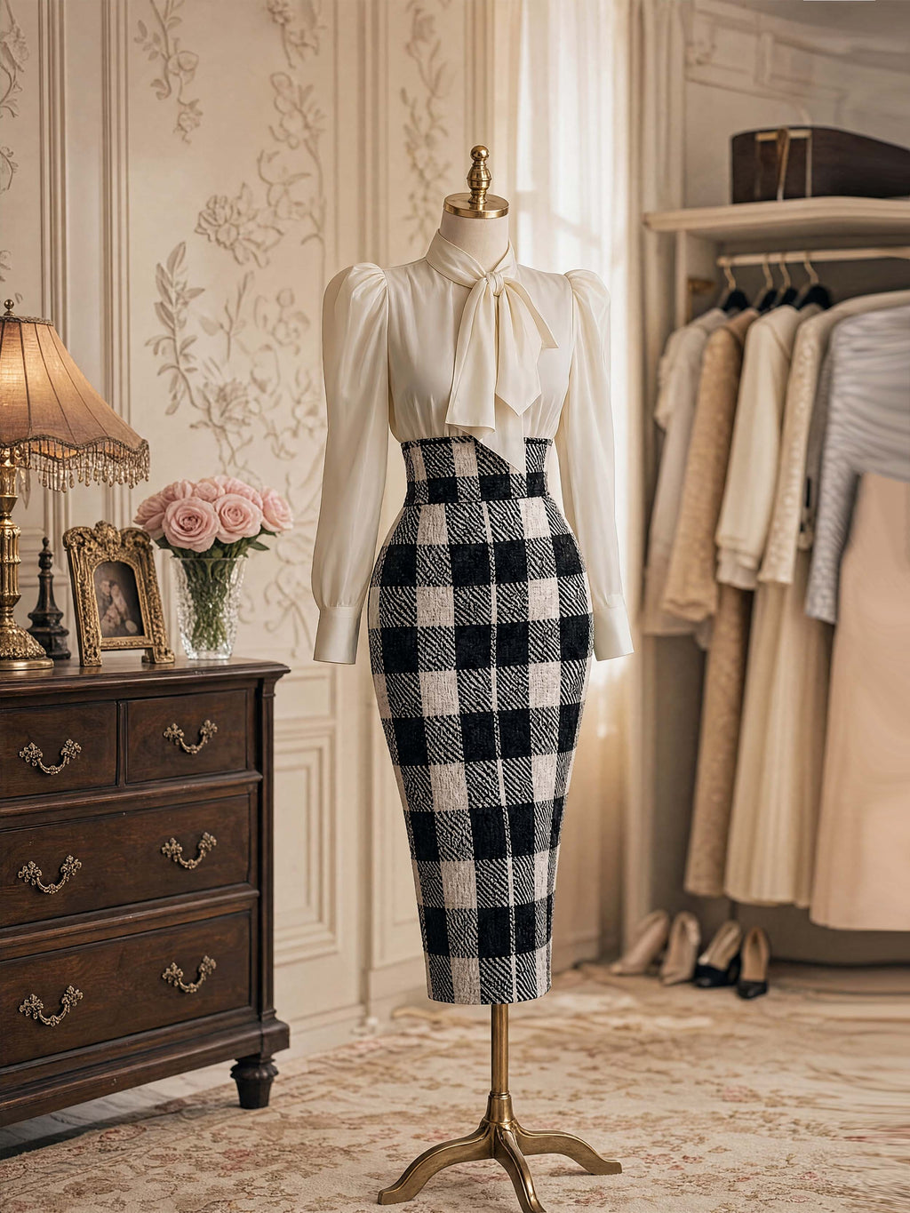 Vintage Check High Waist Pencil Midi Skirt