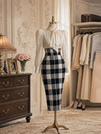 Vintage Check High Waist Pencil Midi Skirt