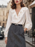 French Ruffle V Neck Long Sleeve Blouse