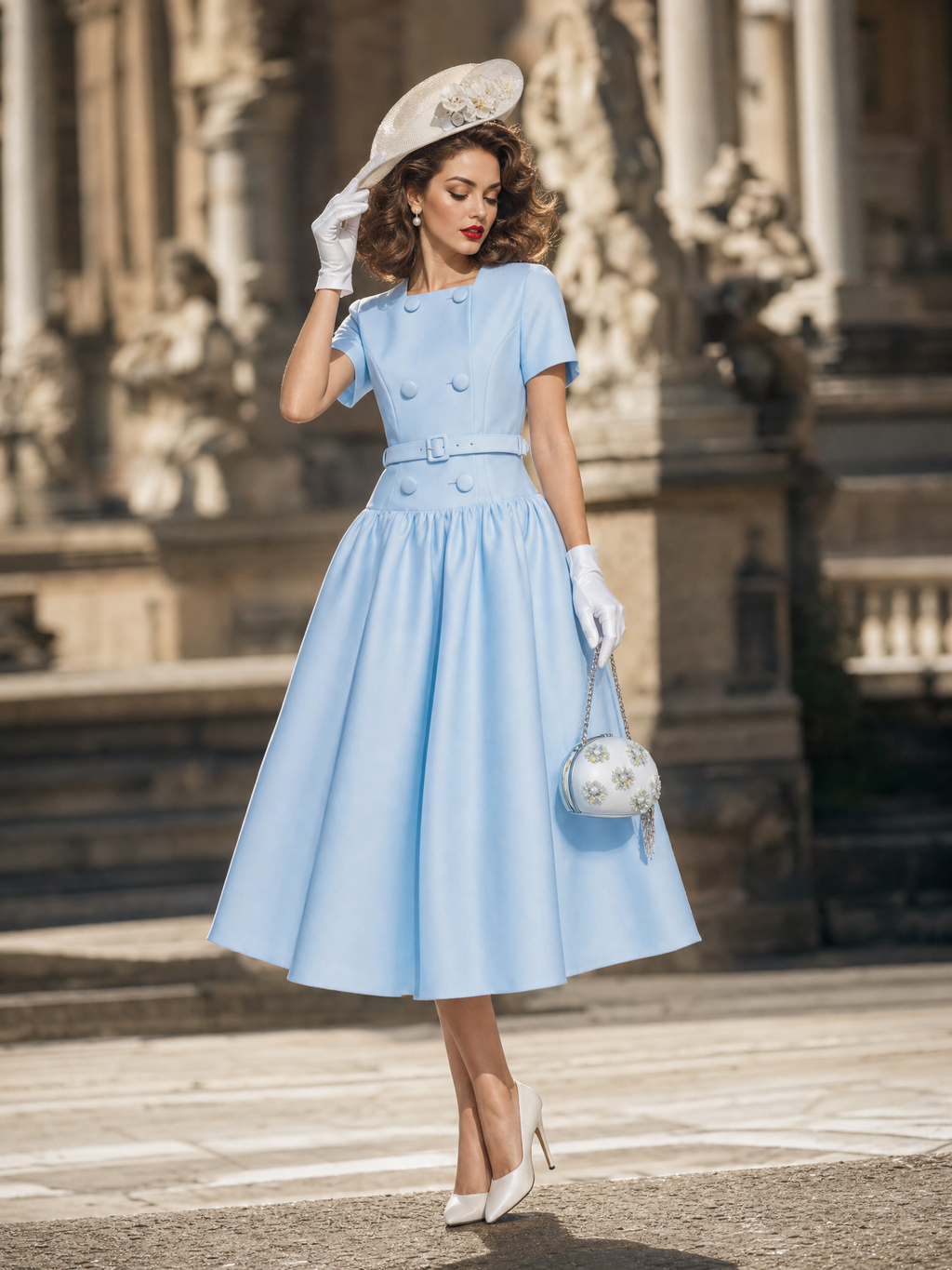 Vintage Double Breasted Satin Swing Midi Dress