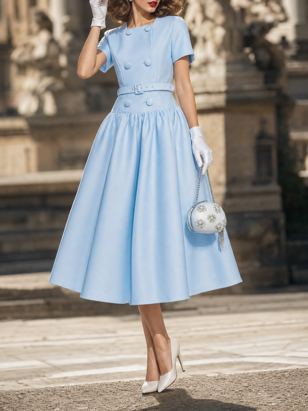 Vintage Double Breasted Satin Swing Midi Dress