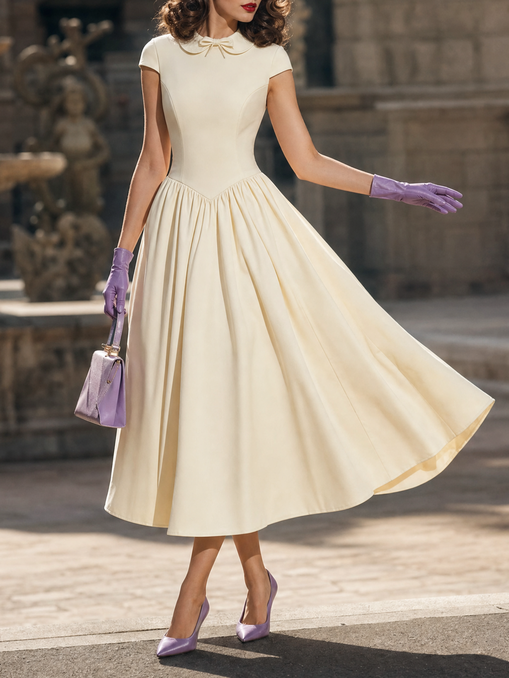 Vintage Bow Peter Pan Collar Satin Panel Midi Dress
