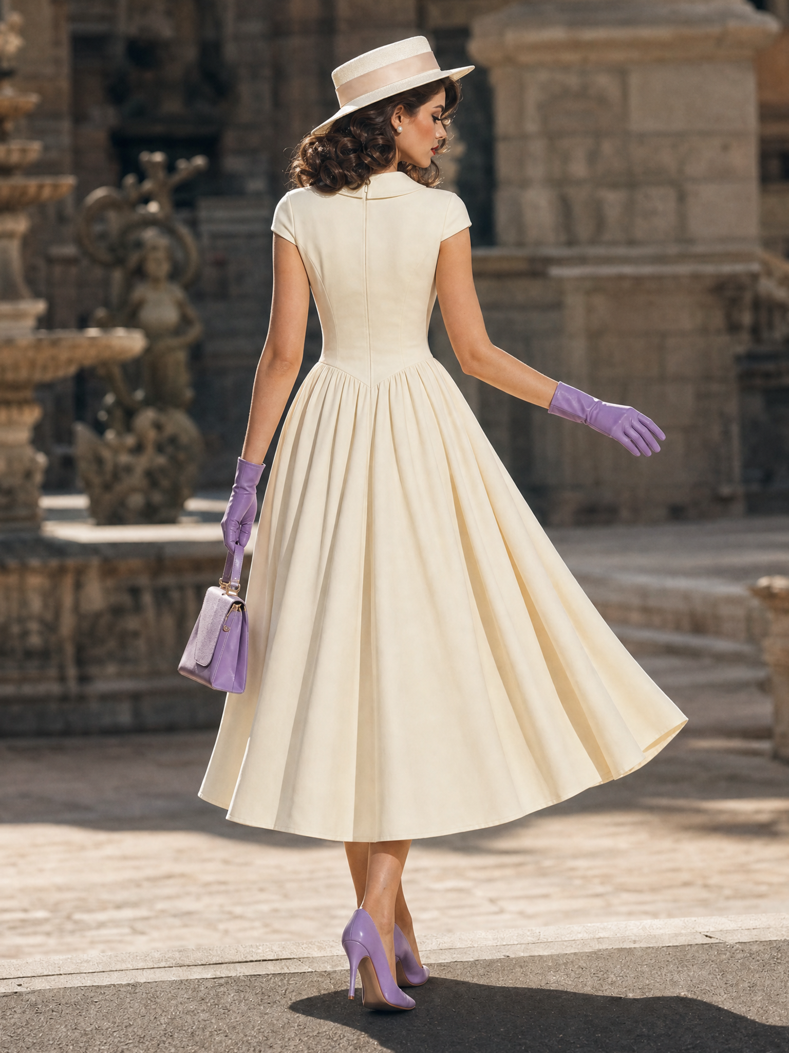 Vintage Bow Peter Pan Collar Satin Panel Midi Dress