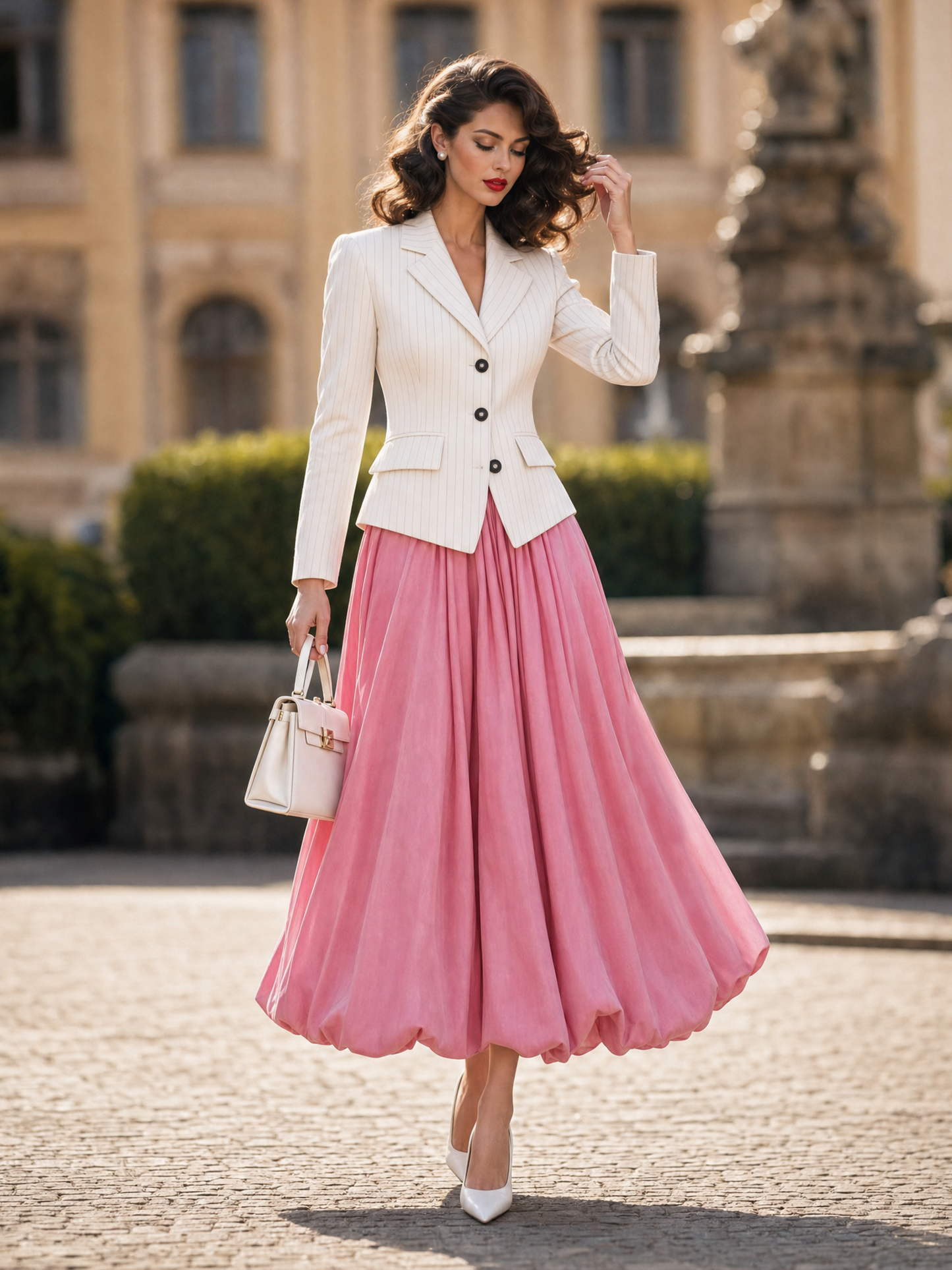 Vintage High Waist Pleated Bubble Hem Swing Midi Skirt