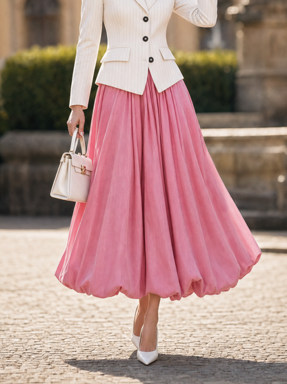 Vintage High Waist Pleated Bubble Hem Swing Midi Skirt