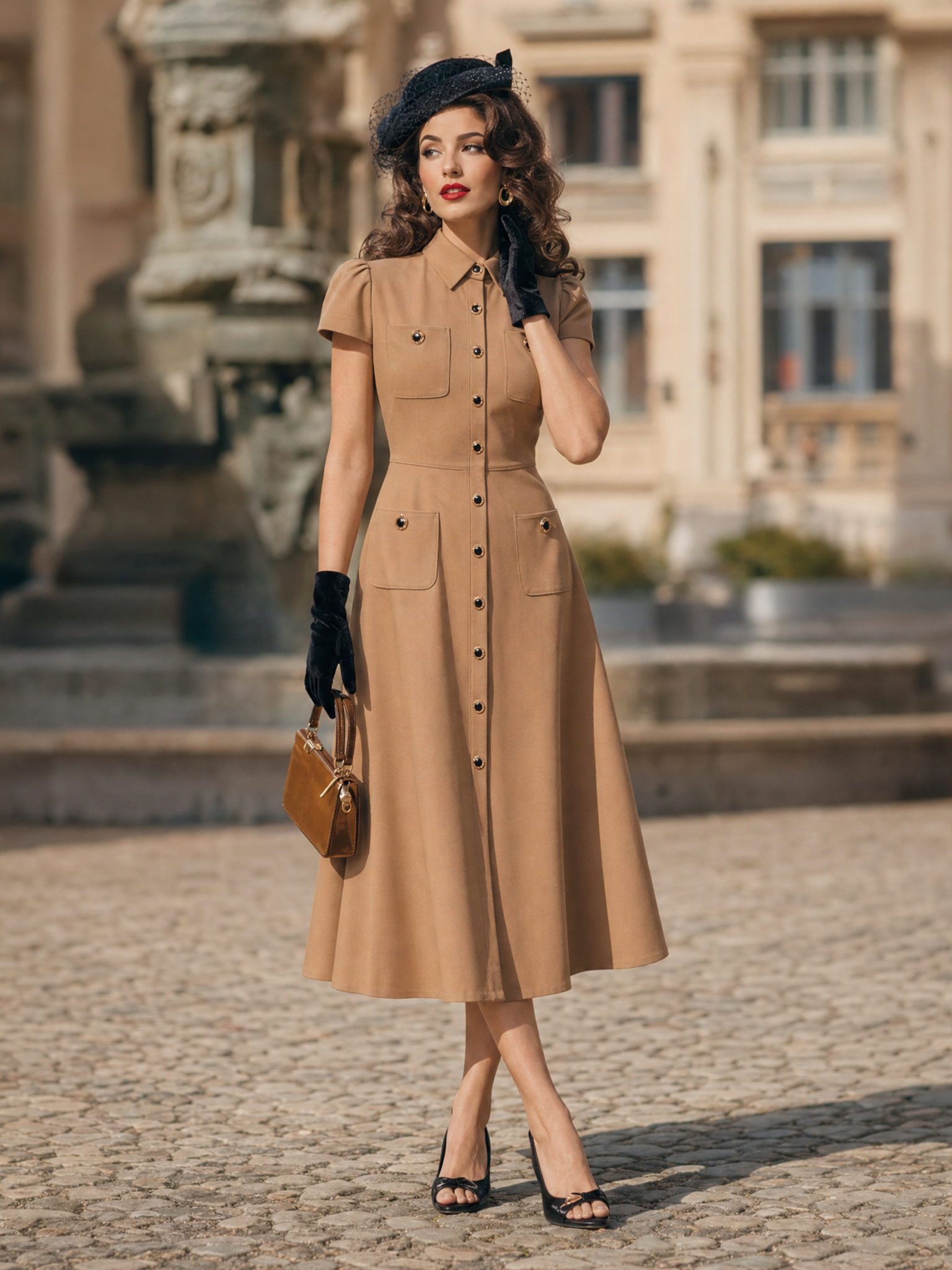 Vintage Cargo Collared Button Down A-Line Midi Dress