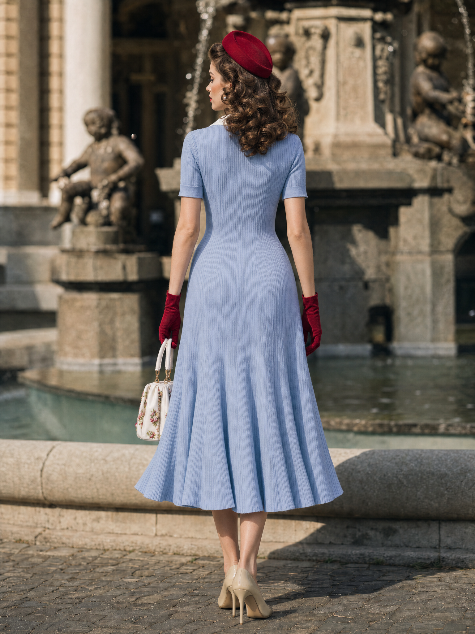 Vintage Chanel-Style Pearl Button Fitted Knit Midi Dress
