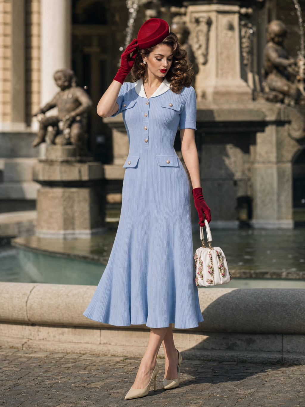 Vintage Chanel-Style Pearl Button Fitted Knit Midi Dress