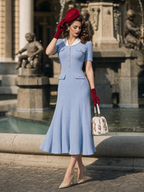 Vintage Chanel-Style Pearl Button Fitted Knit Midi Dress