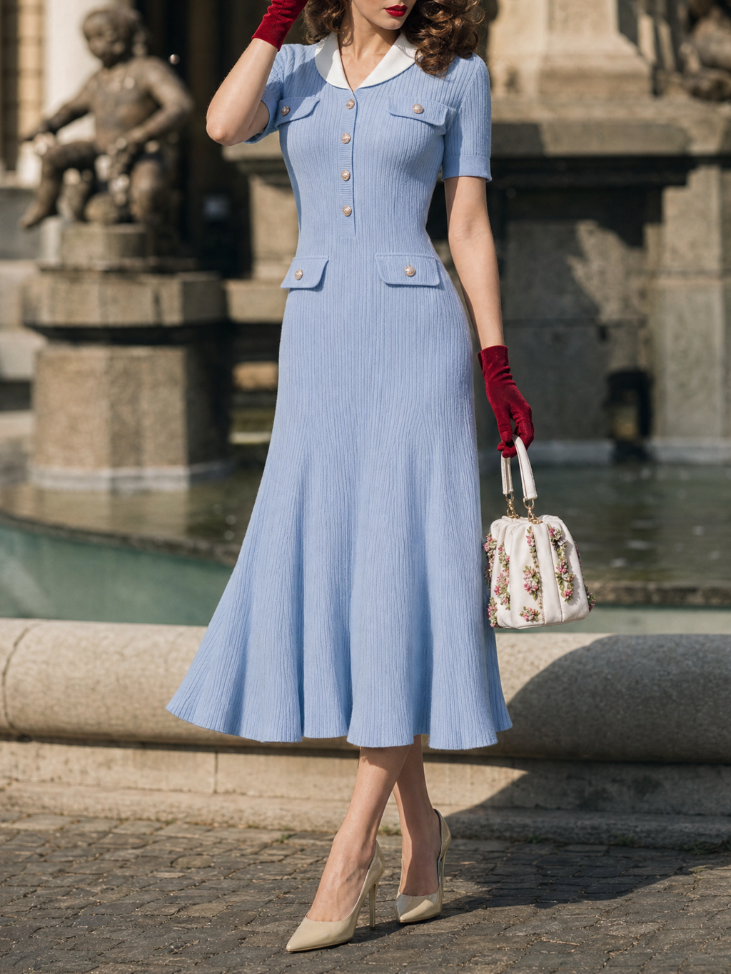 Vintage Chanel-Style Pearl Button Fitted Knit Midi Dress