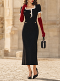Vintage Elegant Square Neck Ruffle Trim Bodycon Midi Dress