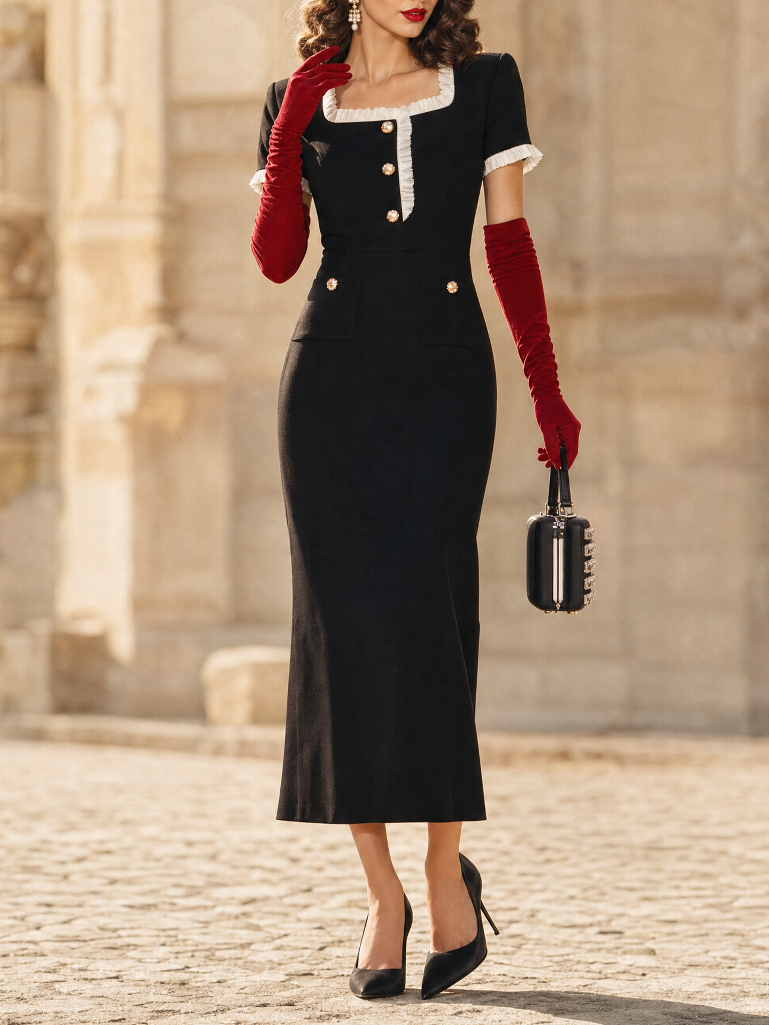 Vintage Elegant Square Neck Ruffle Trim Bodycon Midi Dress