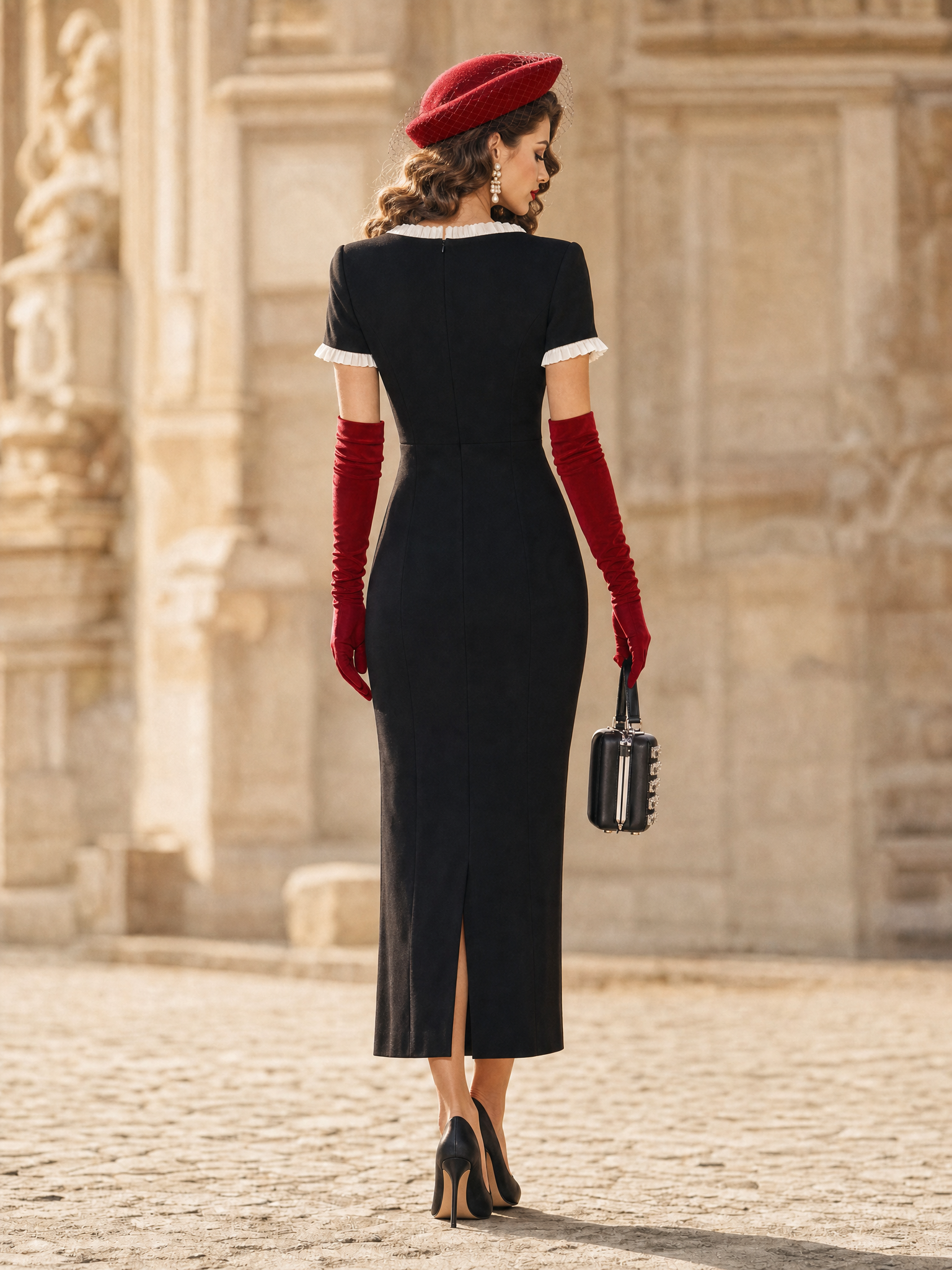 Vintage Elegant Square Neck Ruffle Trim Bodycon Midi Dress