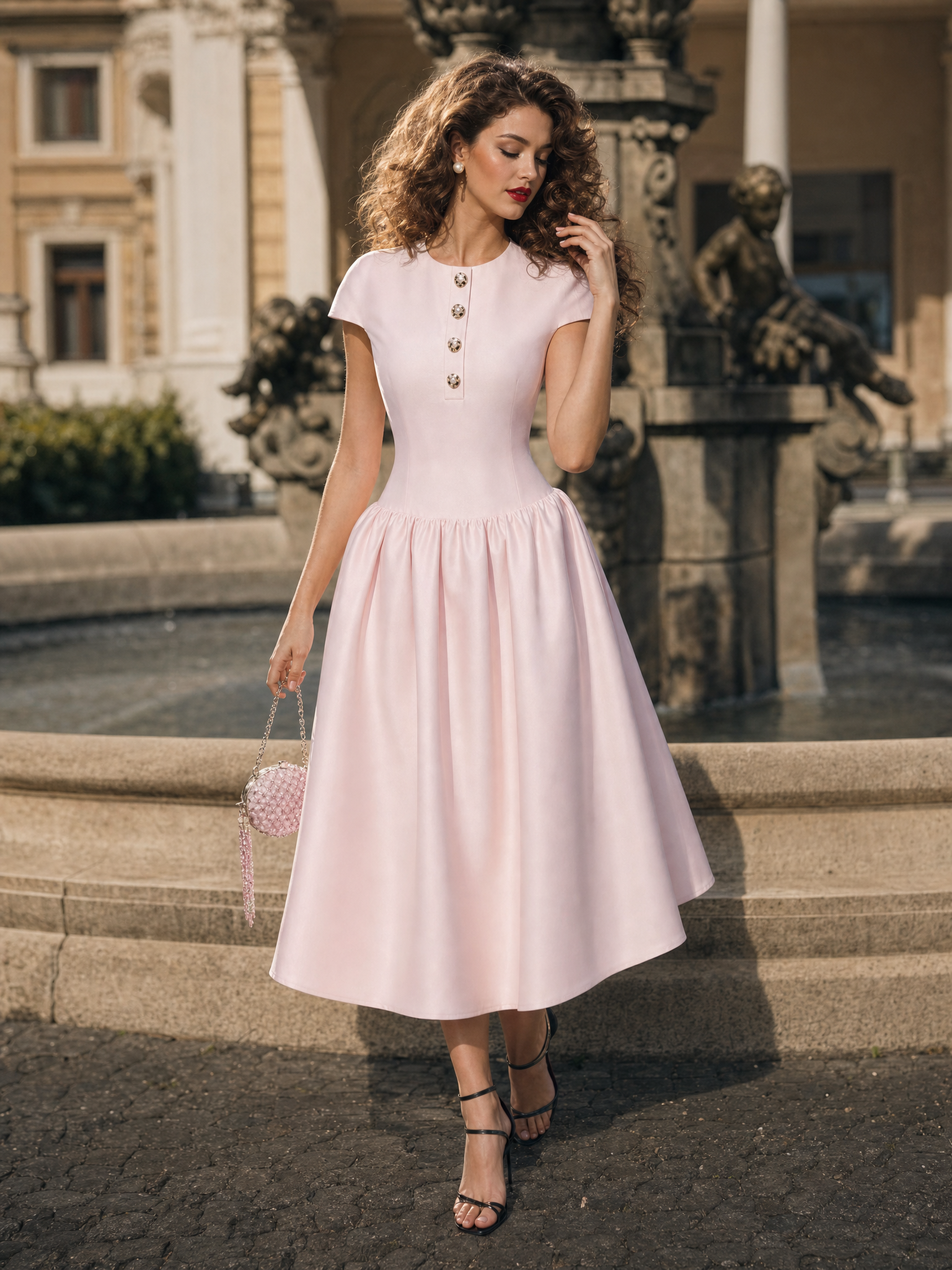 Vintage Hepburn Style Pink Satin Fit & Flare Midi Dress