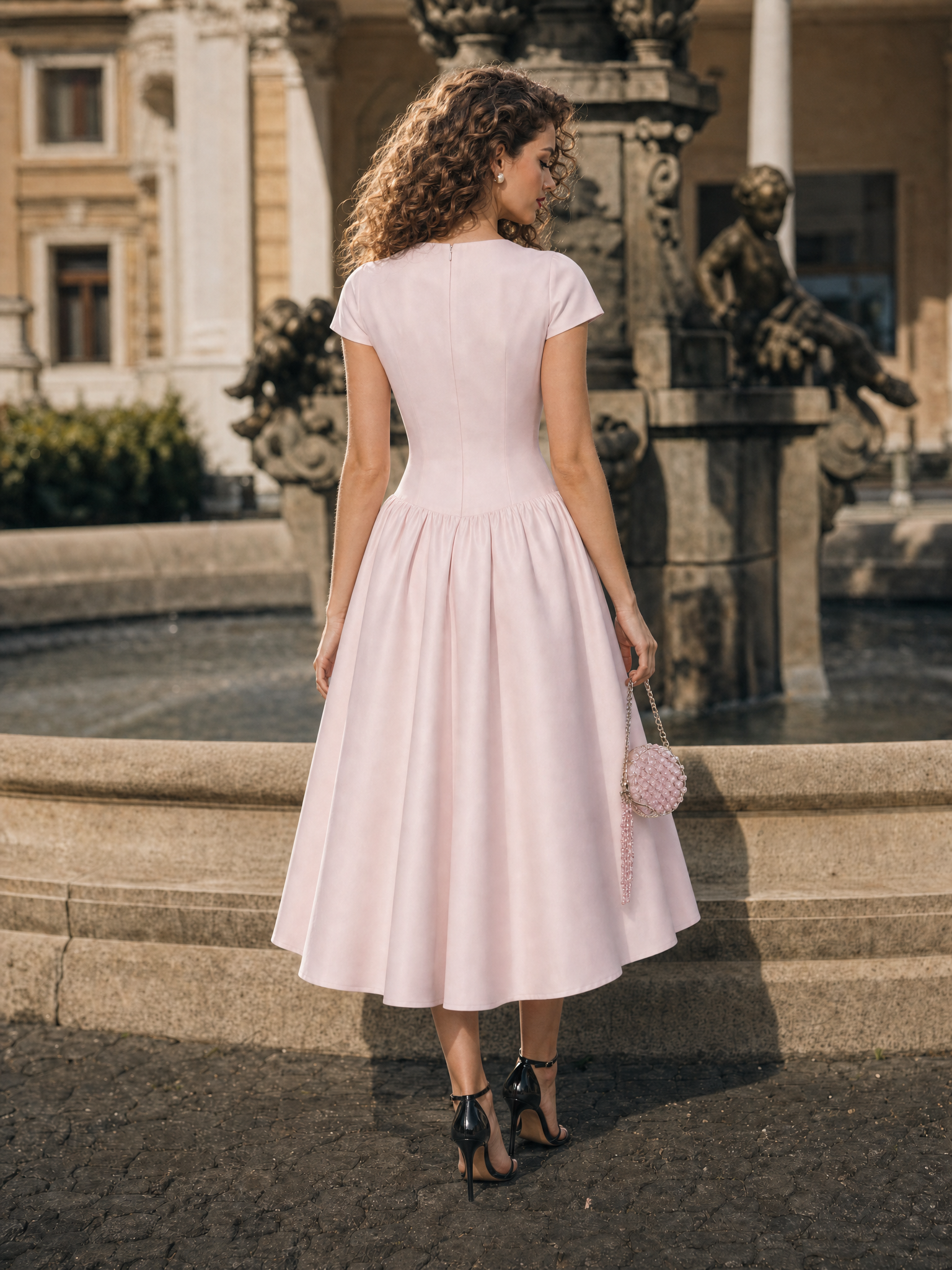 Vintage Hepburn Style Pink Satin Fit & Flare Midi Dress