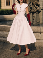 Vintage Hepburn Style Pink Satin Fit & Flare Midi Dress