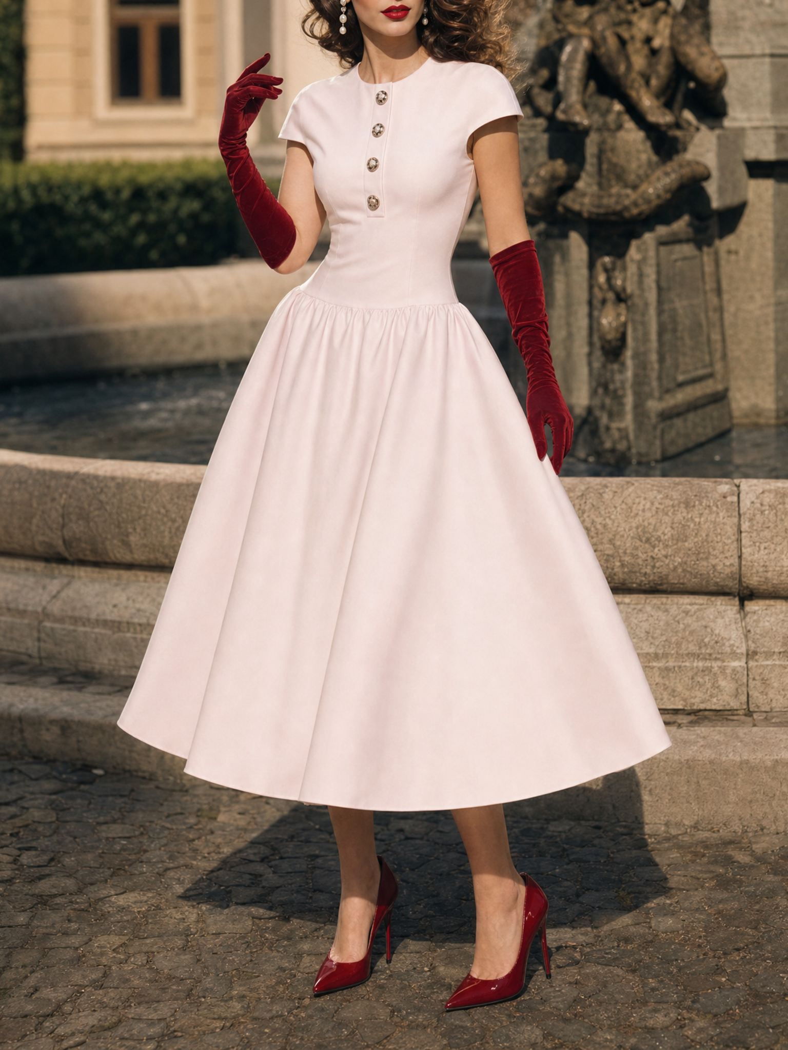 Vintage Hepburn Style Pink Satin Fit & Flare Midi Dress