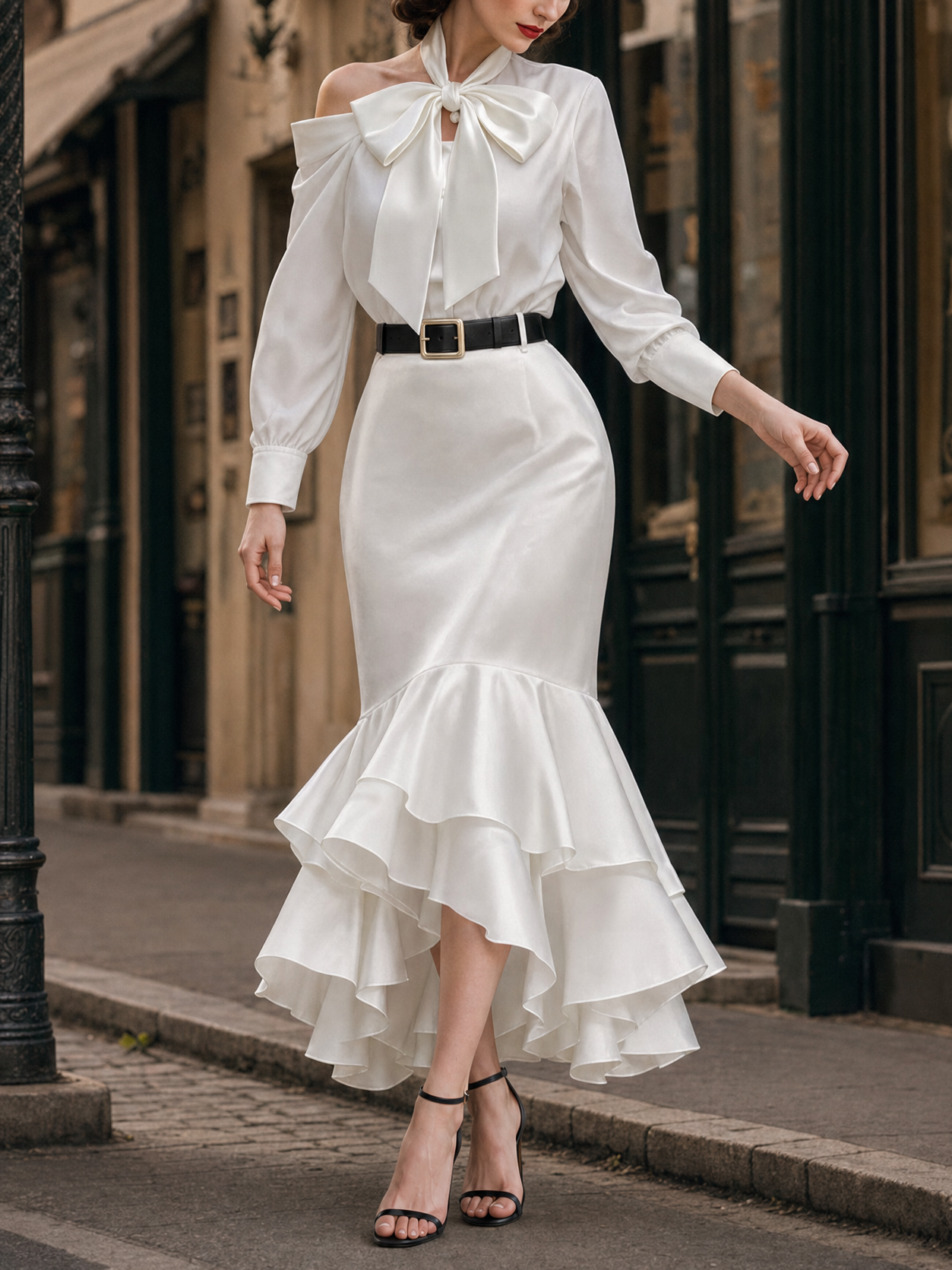 Vintage Off-shoulder Ruffled Fishtail Skirt Two-piece Set
