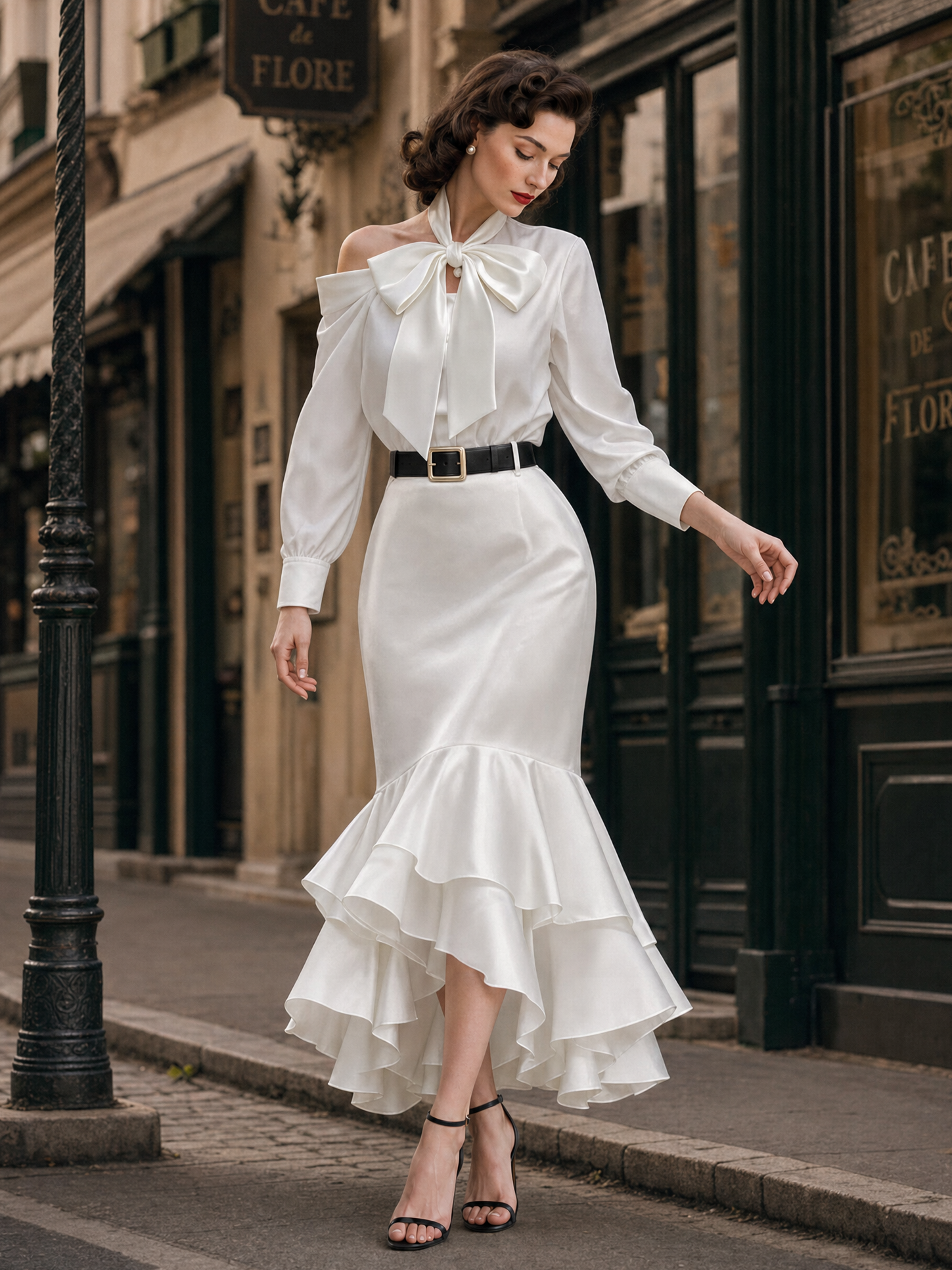 Vintage Off-shoulder Ruffled Fishtail Skirt Two-piece Set