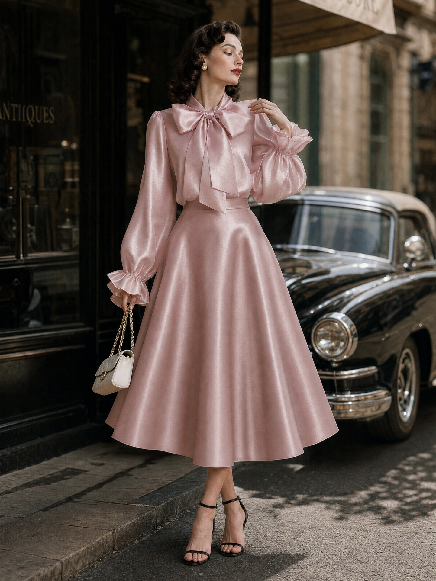 Vintage Satin Bow Ties Swing Skirt Two-piece Set