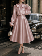 Vintage Satin Bow Ties Swing Skirt Two-piece Set
