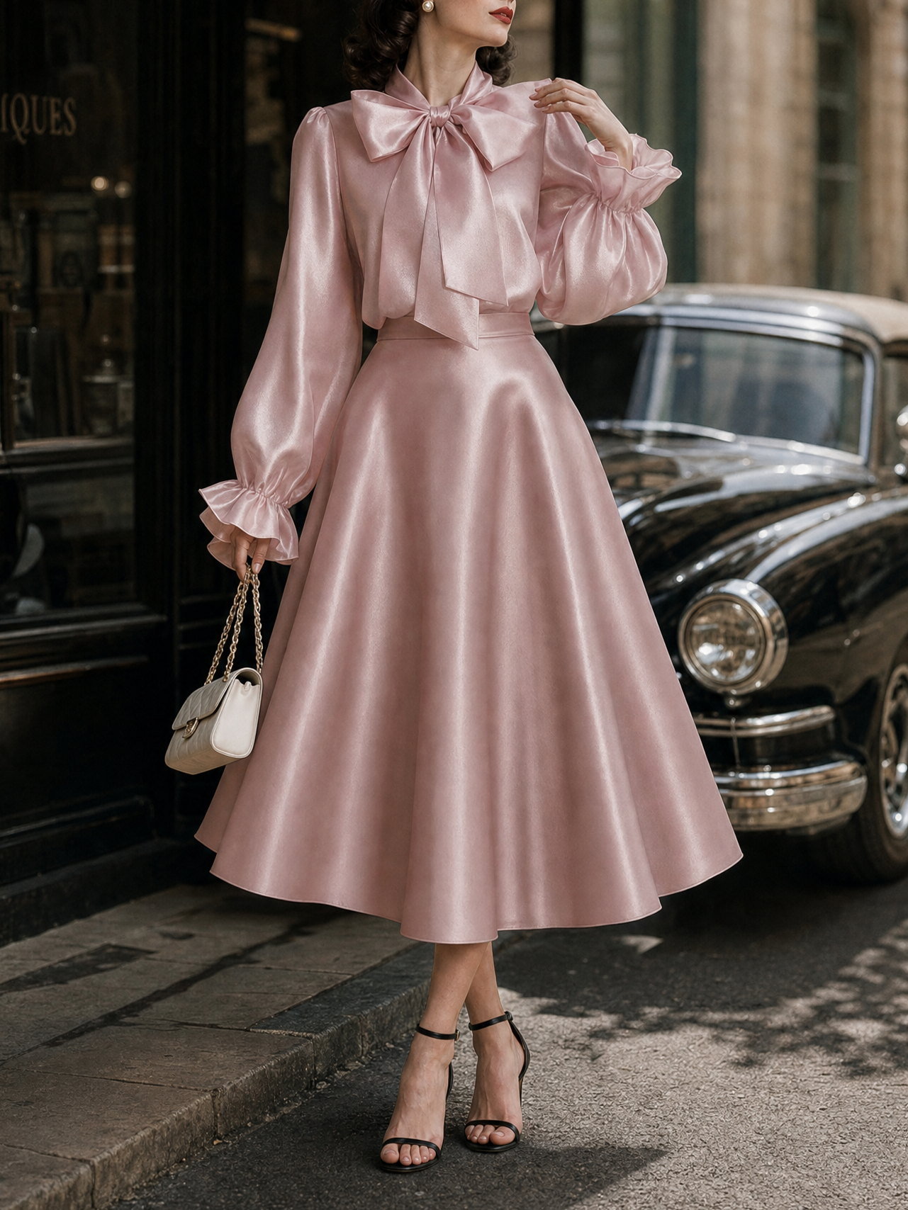 Vintage Satin Bow Ties Swing Skirt Two-piece Set