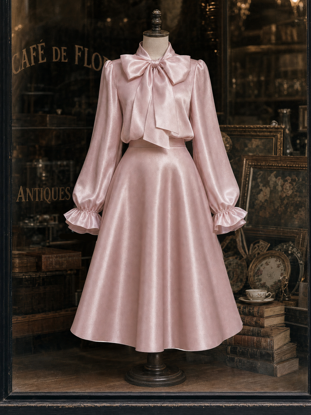 Vintage Satin Bow Ties Swing Skirt Two-piece Set