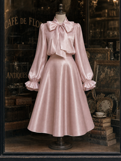 Vintage Satin Bow Ties Swing Skirt Two-piece Set