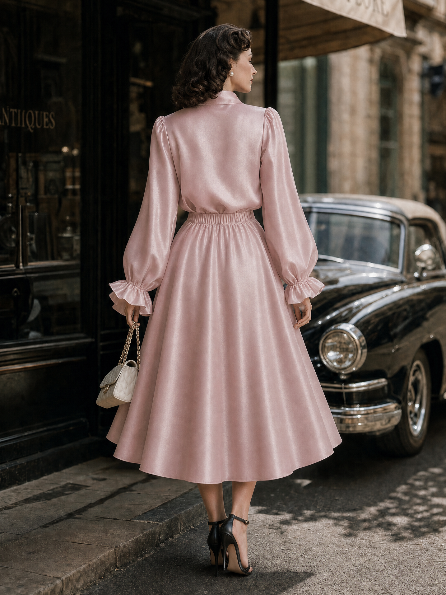 Vintage Satin Bow Ties Swing Skirt Two-piece Set
