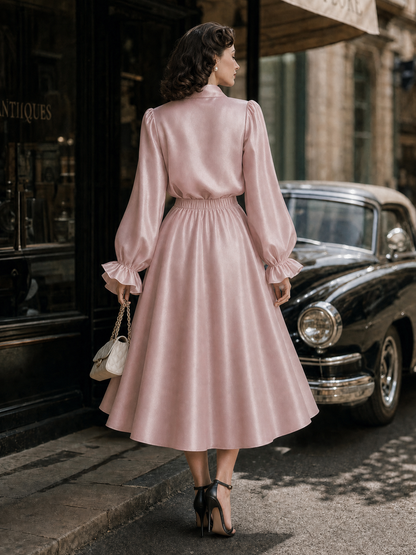 Vintage Satin Bow Ties Swing Skirt Two-piece Set