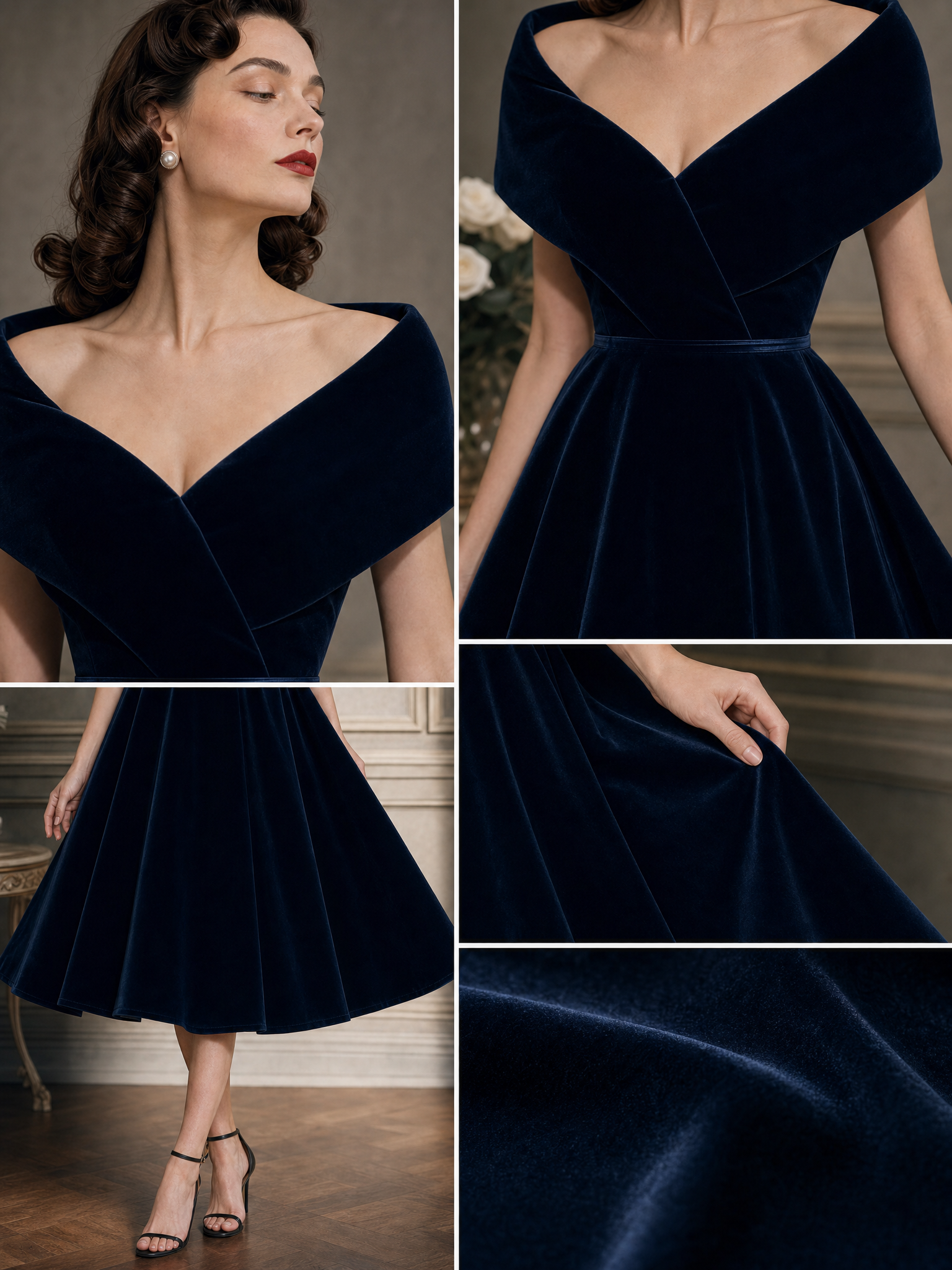 Vintage Wrap Collar Shawl Velvet Midi Dress