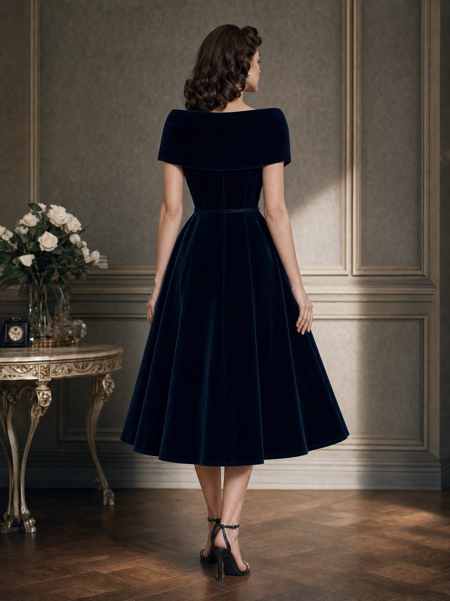 Vintage Wrap Collar Shawl Velvet Midi Dress