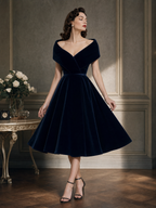 Vintage Wrap Collar Shawl Velvet Midi Dress