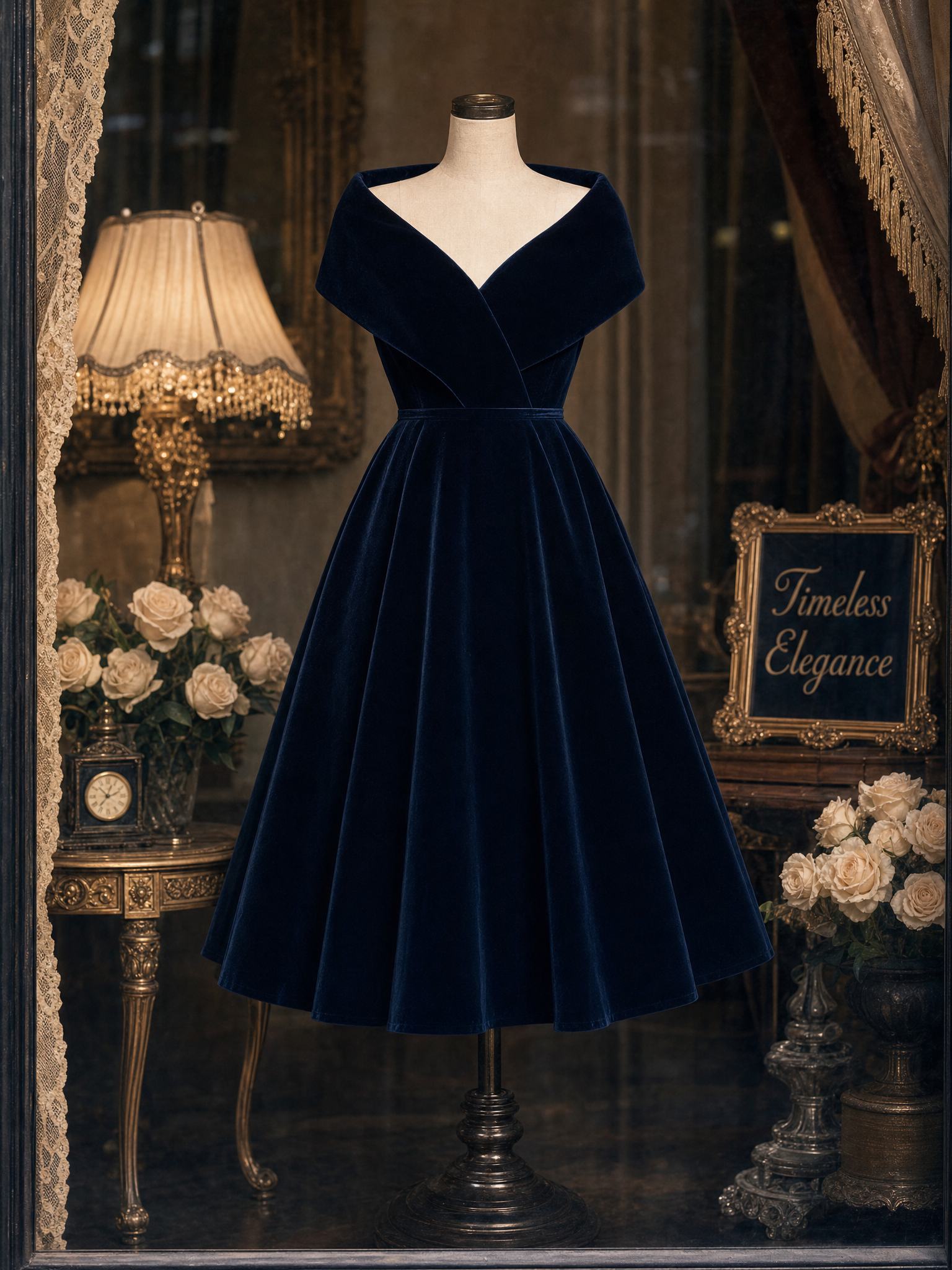 Vintage Wrap Collar Shawl Velvet Midi Dress
