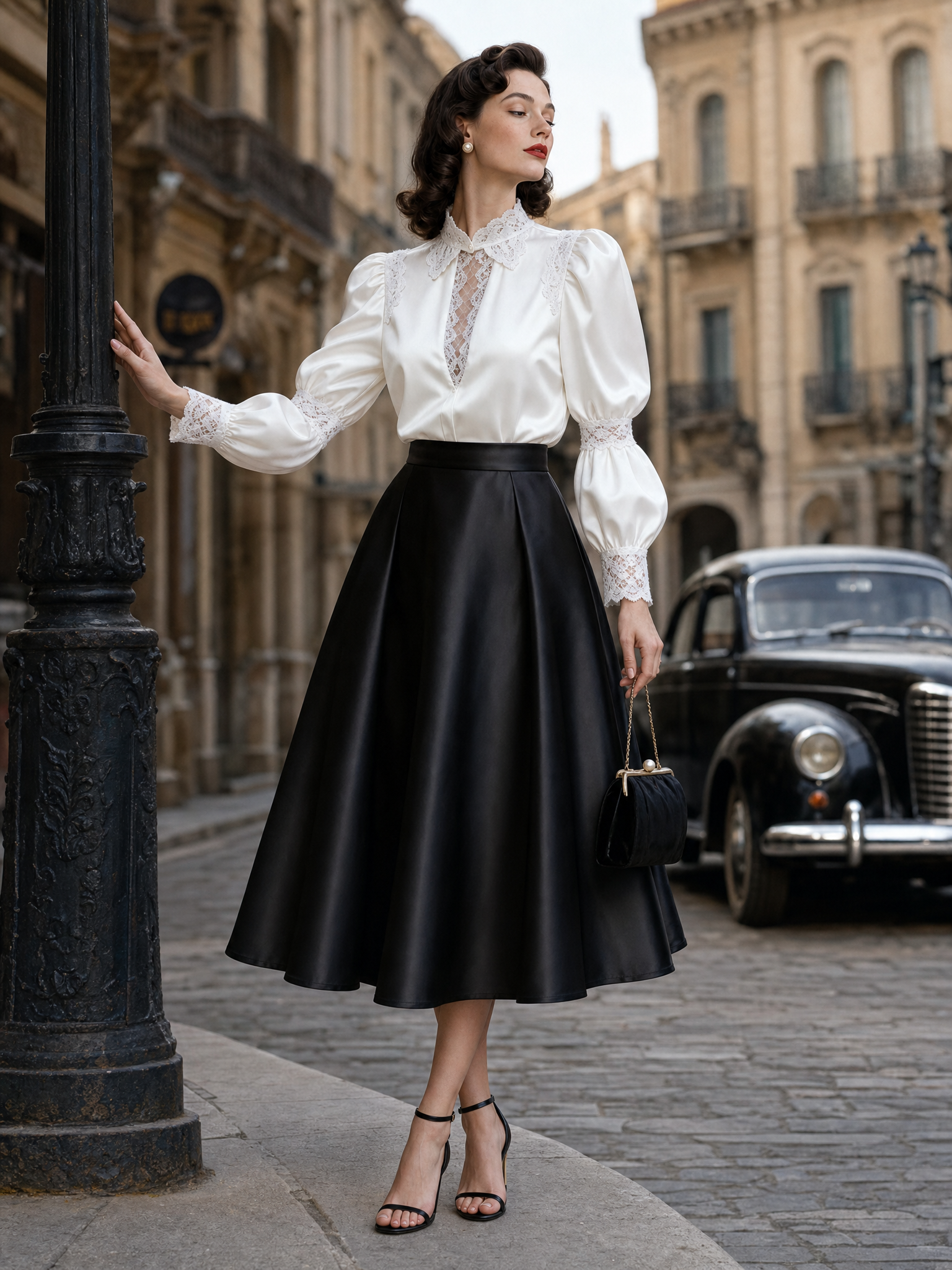 Vintage High-waisted Satin Midi Skirt
