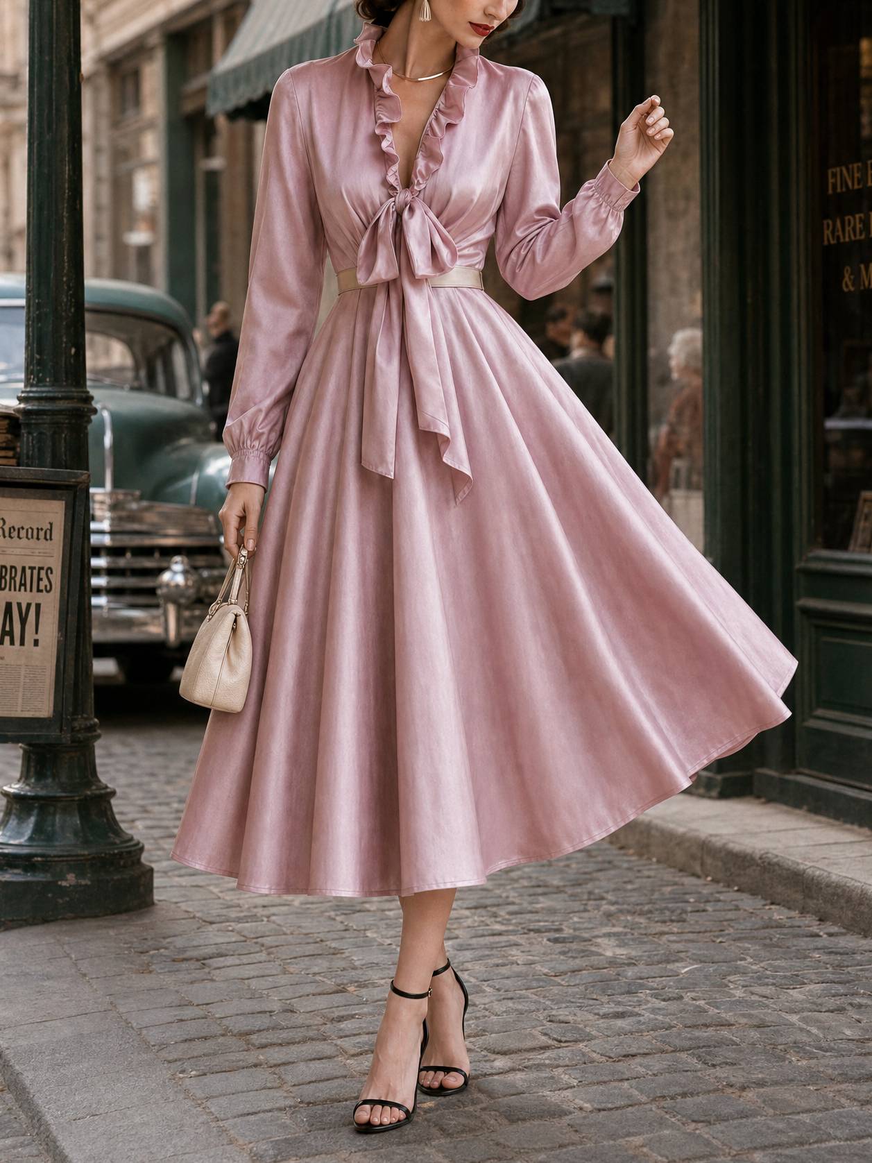 Vintage Ruffle Collar Bow Ties Swing Maxi Dress