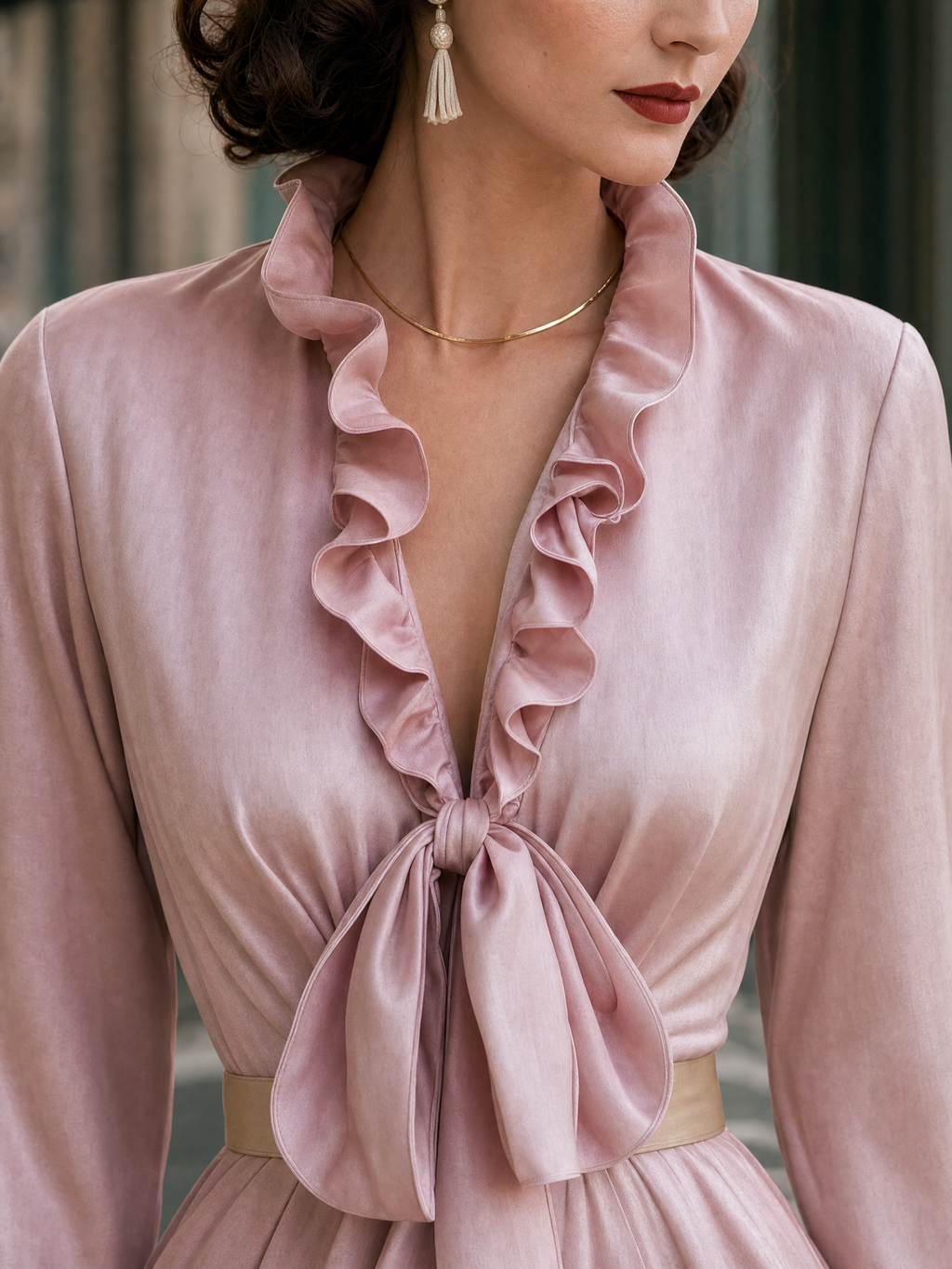 Vintage Ruffle Collar Bow Ties Swing Maxi Dress