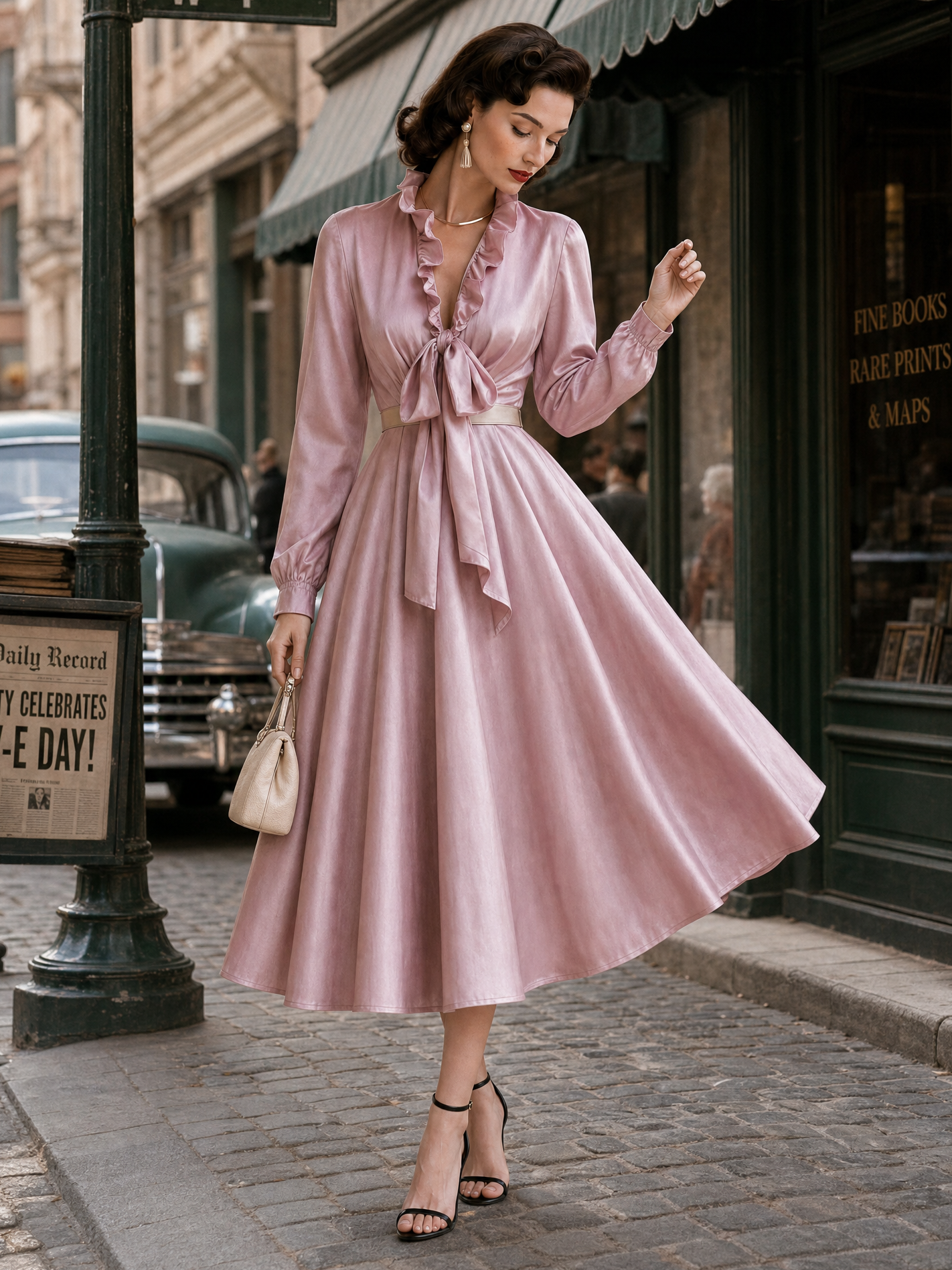 Vintage Ruffle Collar Bow Ties Swing Maxi Dress