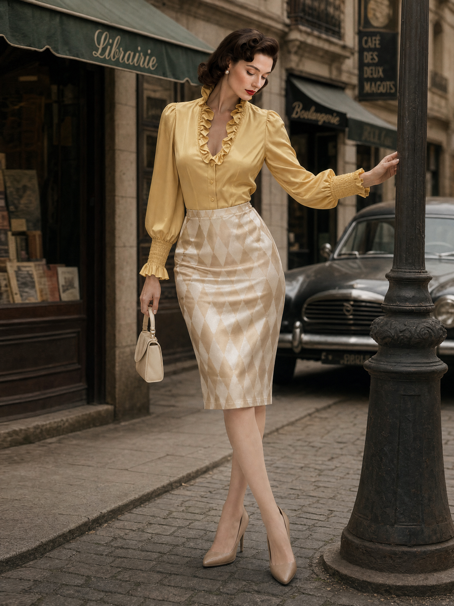 Vintage Ruffle Trim V-neck Long-sleeve Blouse