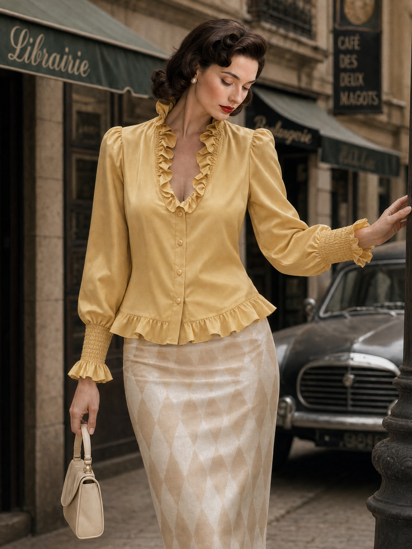 Vintage Ruffle Trim V-neck Long-sleeve Blouse