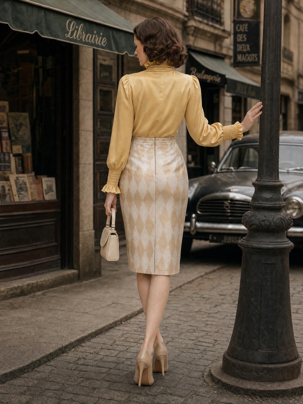Vintage Diamond Check Print Satin Bodycon Midi Skirt